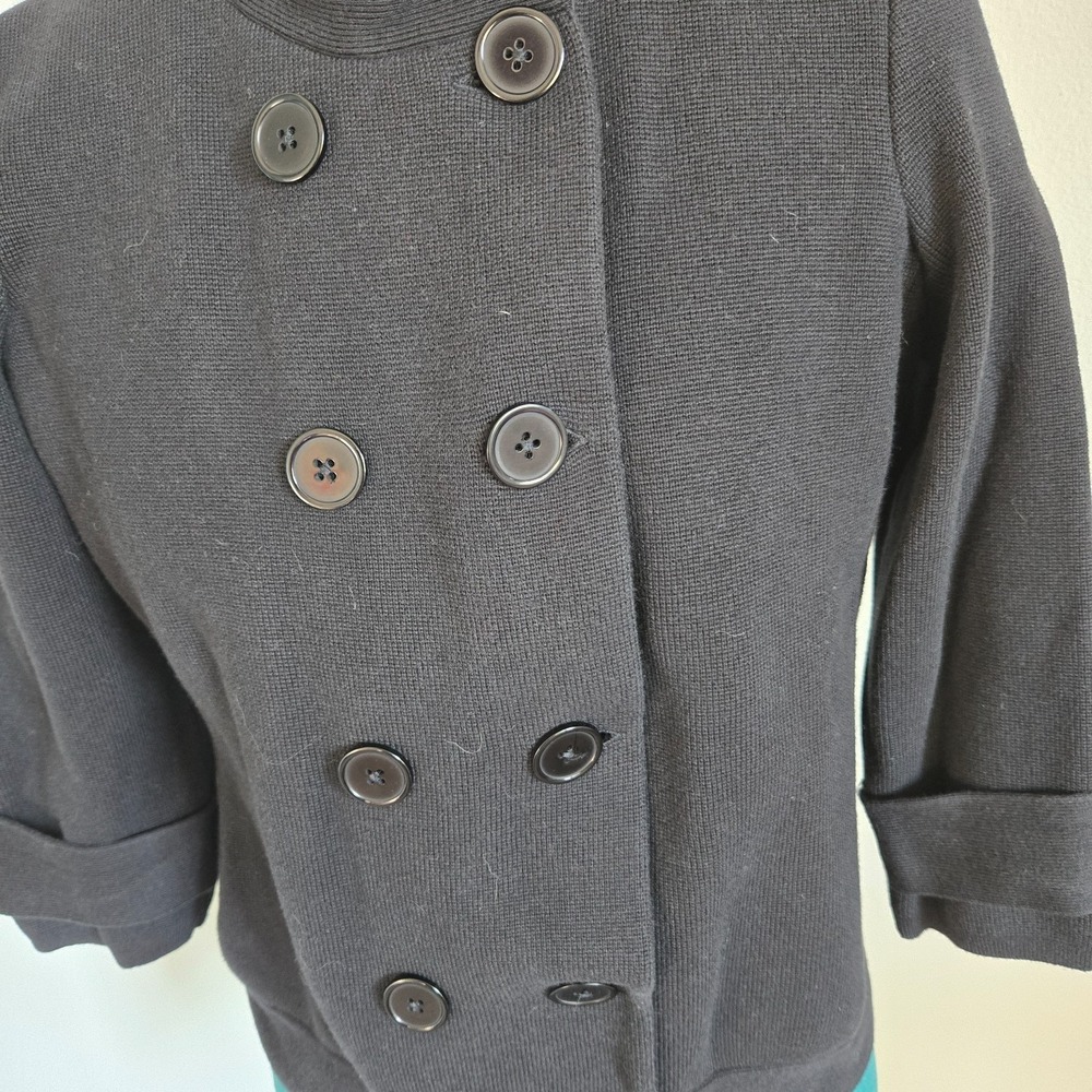 Talbots Sweater Blazer Women Large Black Double Breasted Cropped Knit 3/4 Sleeve - Picture 2 of 11